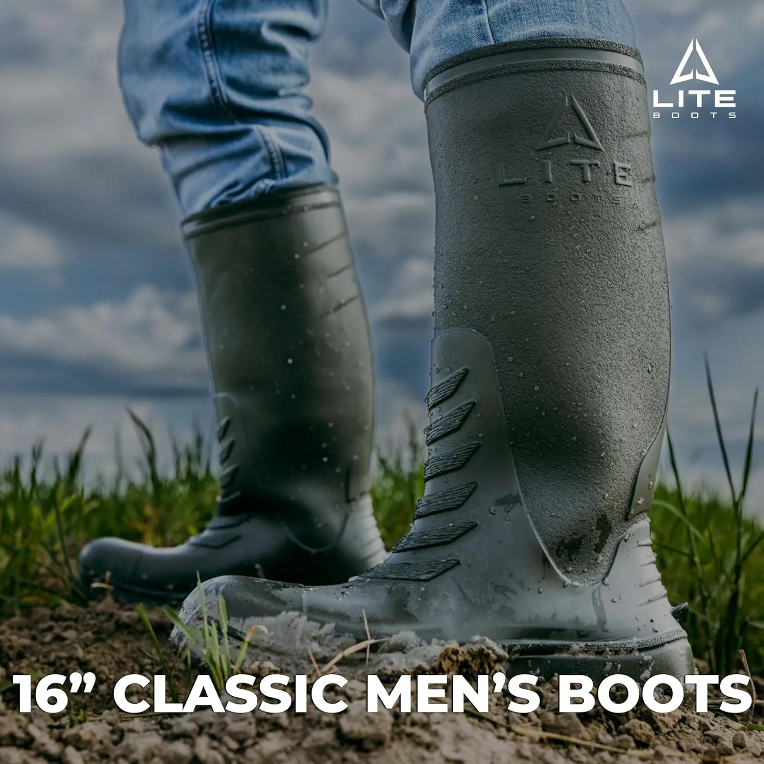 16 Classic Mens Boots, Lightweight, Waterproof, Hunting, Fishing, Rain, Chore Boot