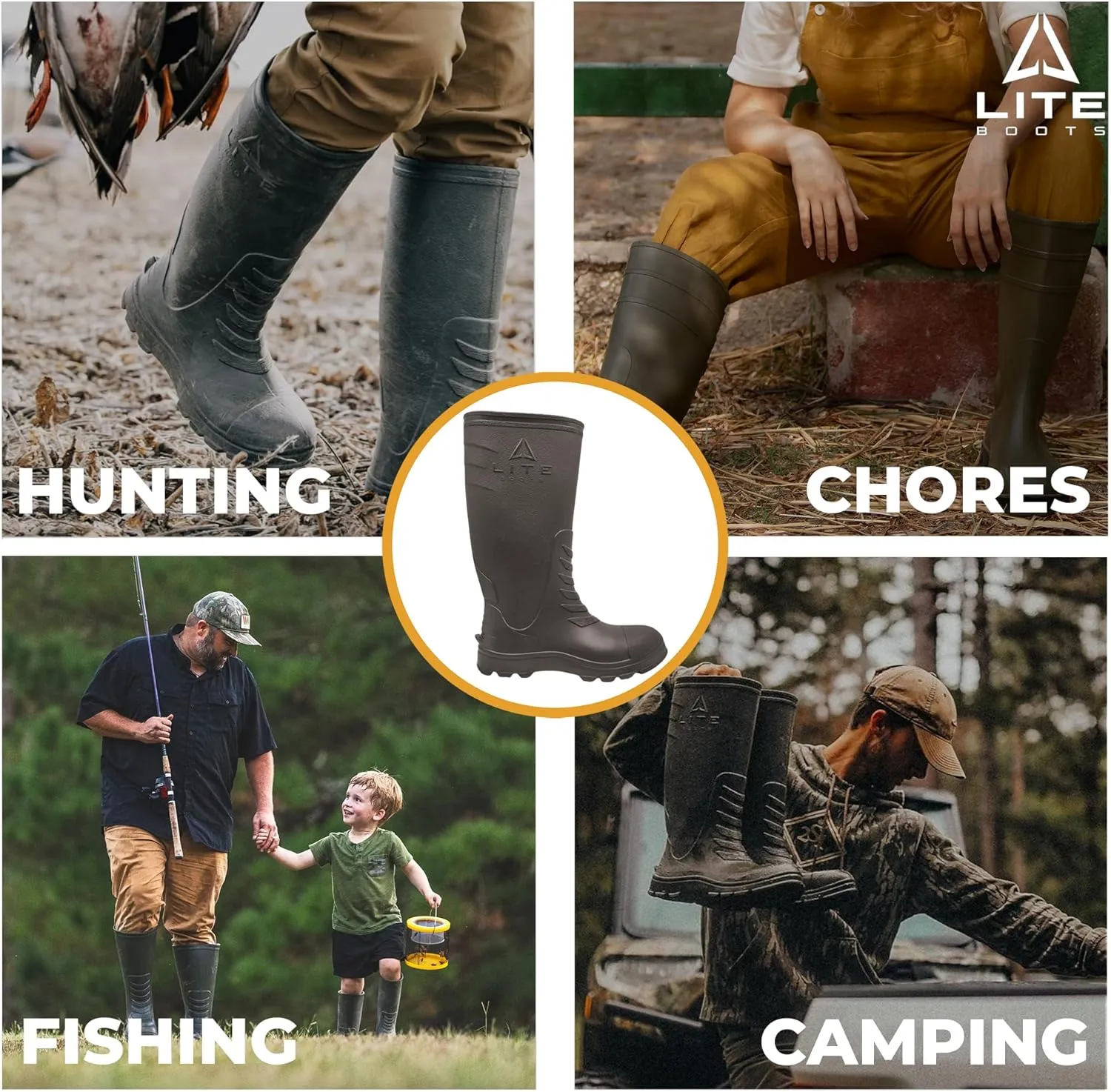 16 Classic Mens Boots, Lightweight, Waterproof, Hunting, Fishing, Rain, Chore Boot