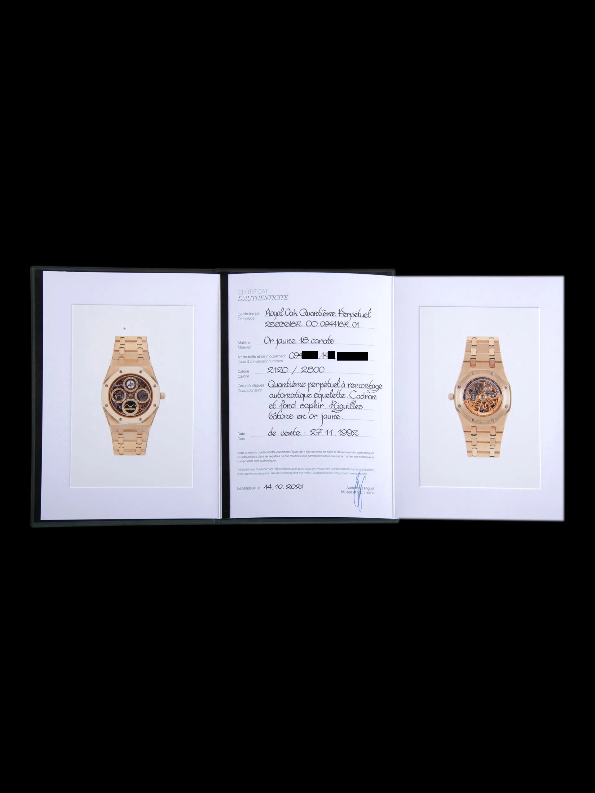 1992 Audemars Piguet Royal Oak Quantième Perpetual Calendar 18K YG (Ref. 25636BA) Openwork "Small Font" Dial W/ Box, Winder, AP COA, AP Extract, AP Service Papers, & Accessories