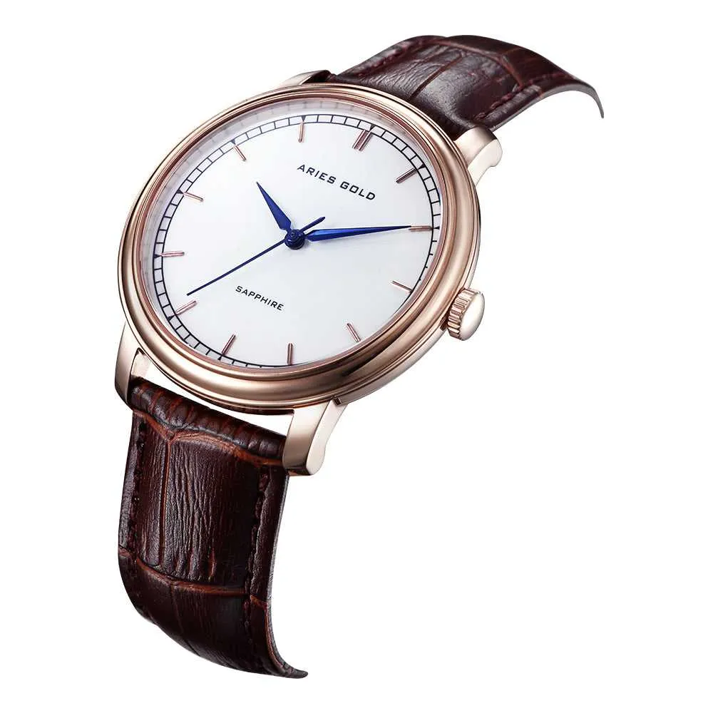 ARIES GOLD ANALOG QUARTZ STAINLESS STEEL G 1012Z RG-W ROSE GOLD LEATHER STRAP MEN'S WATCH