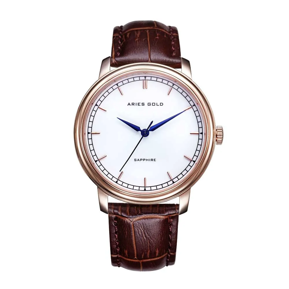 ARIES GOLD ANALOG QUARTZ STAINLESS STEEL G 1012Z RG-W ROSE GOLD LEATHER STRAP MEN'S WATCH
