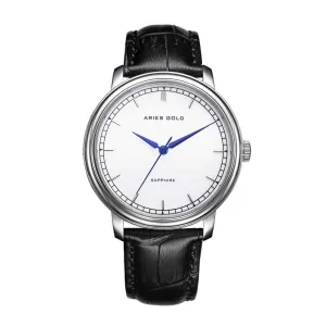 ARIES GOLD ANALOG QUARTZ STAINLESS STEEL G 1012Z S-W SILVER LEATHER STRAP MEN'S WATCH