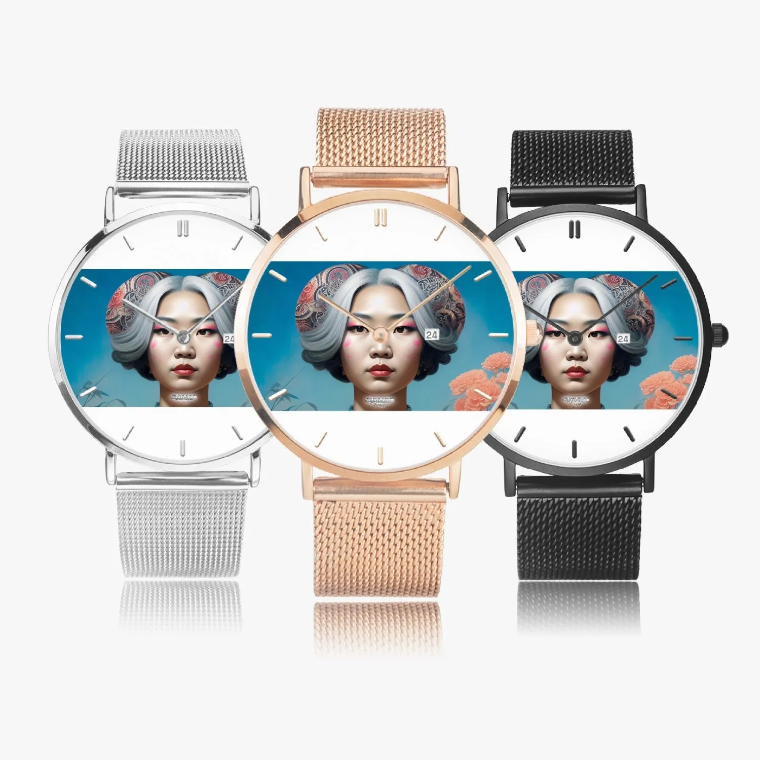 Asian woman clock face Silver grey white hair inspiration Stainless Steel Perpetual Calendar Quartz Watch (With Indicators)