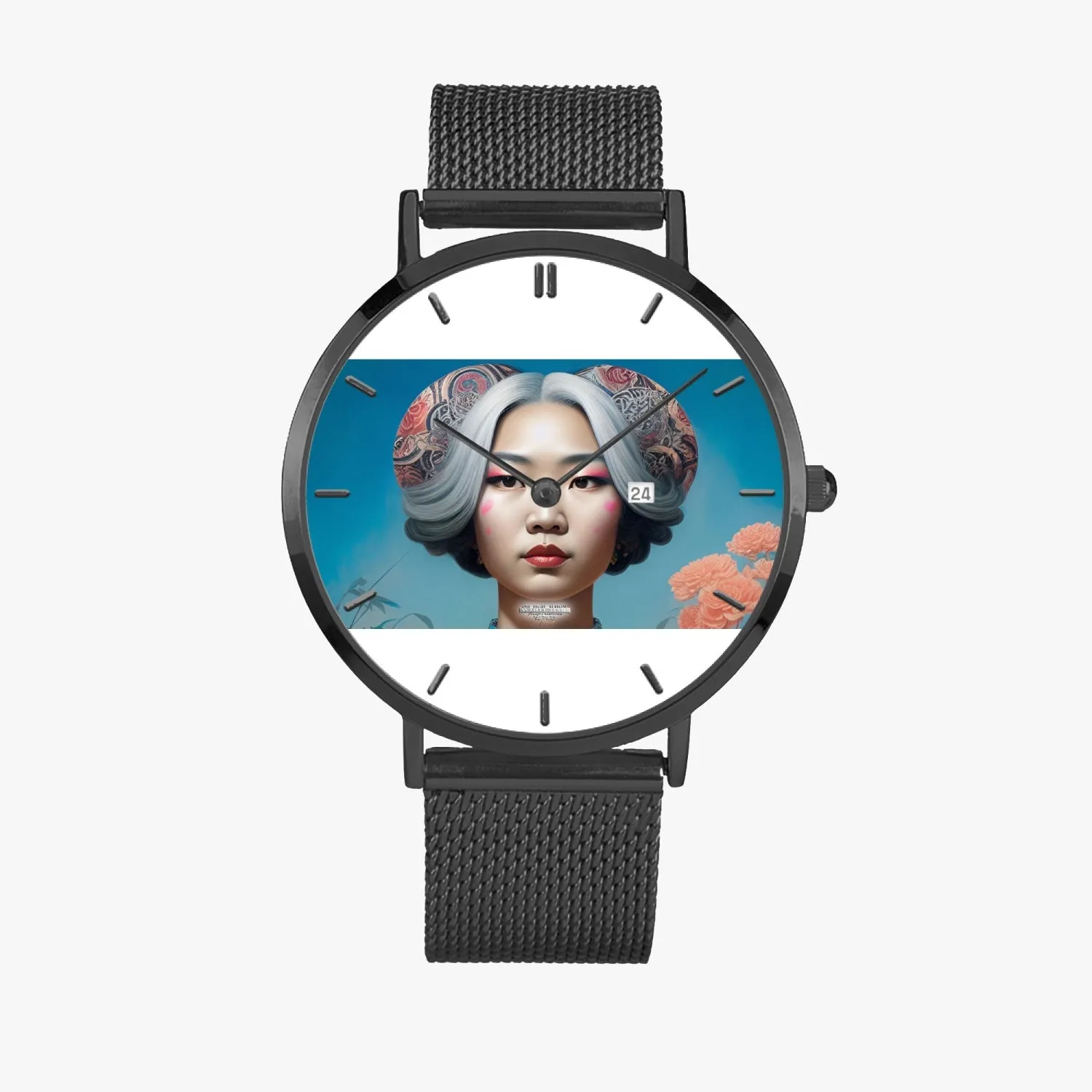 Asian woman clock face Silver grey white hair inspiration Stainless Steel Perpetual Calendar Quartz Watch (With Indicators)