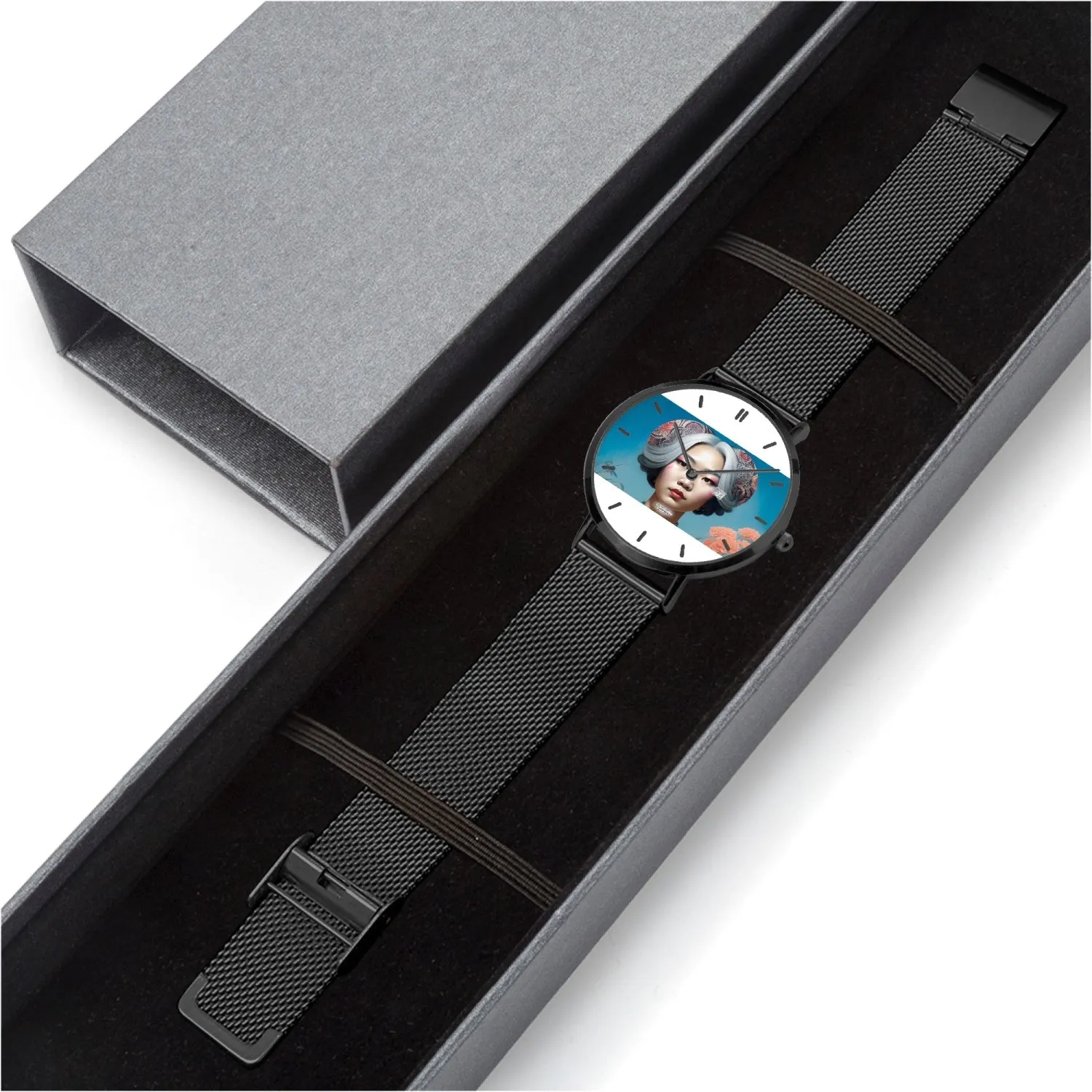 Asian woman clock face Silver grey white hair inspiration Stainless Steel Perpetual Calendar Quartz Watch (With Indicators)