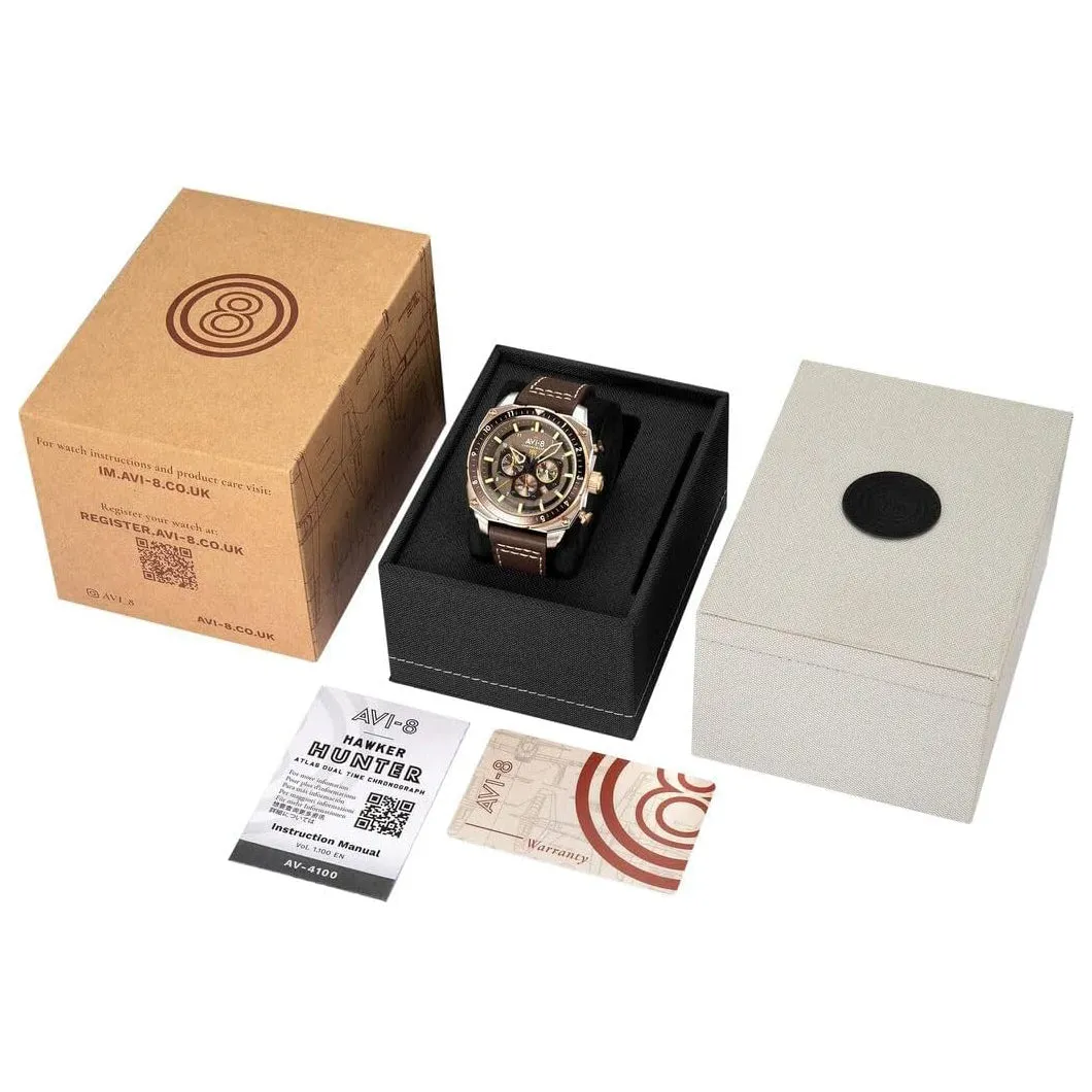 AVI-8 Unisex Grey Dial Brown Leather Band Hawker Hunter Atlas Dual Time Chronograph Analog Japanese Quartz Watch - AV-4100-33