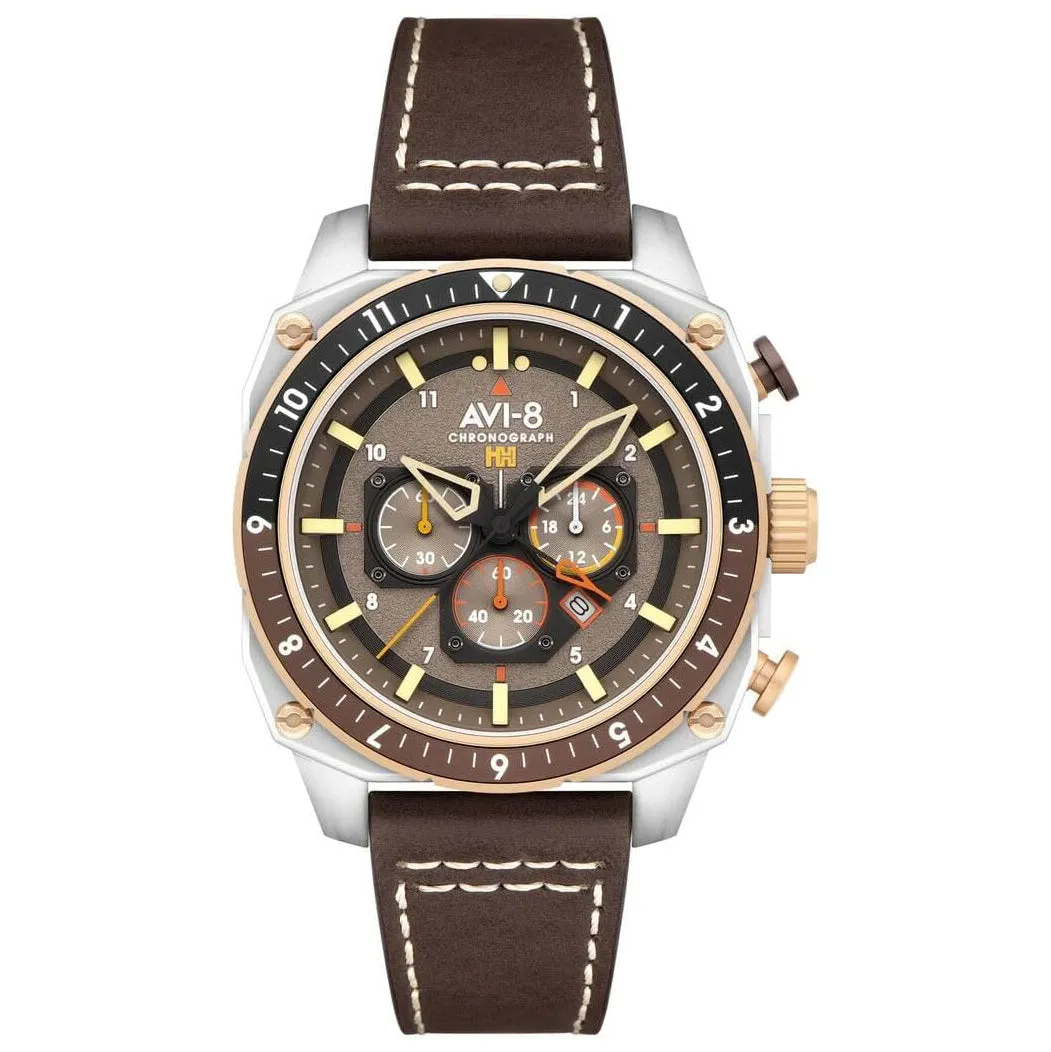 AVI-8 Unisex Grey Dial Brown Leather Band Hawker Hunter Atlas Dual Time Chronograph Analog Japanese Quartz Watch - AV-4100-33