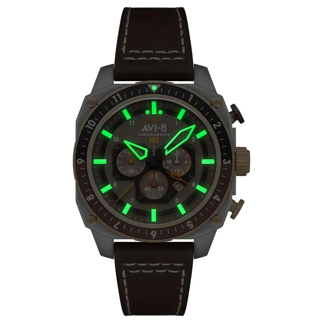 AVI-8 Unisex Grey Dial Brown Leather Band Hawker Hunter Atlas Dual Time Chronograph Analog Japanese Quartz Watch - AV-4100-33