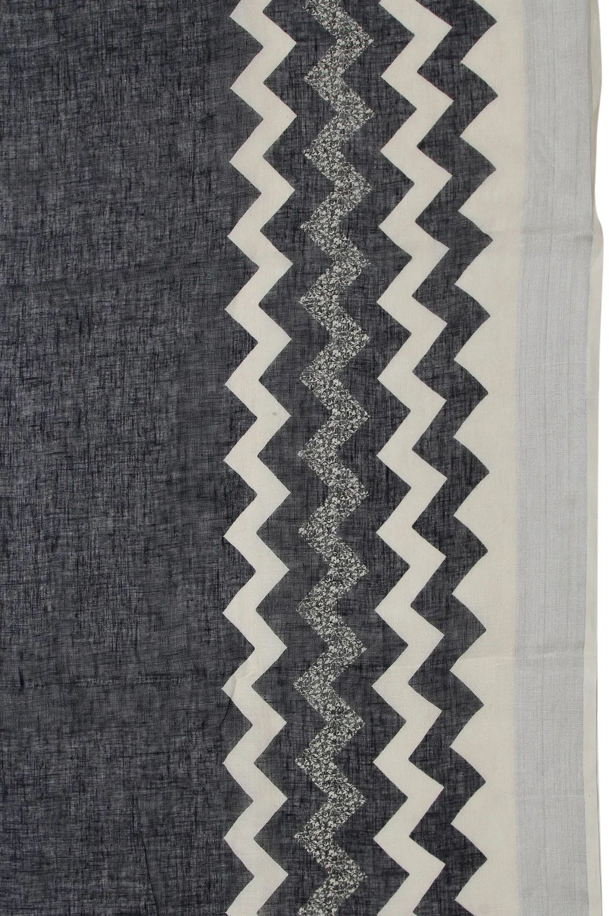 Black Linen Cotton Saree with Cream Silver Zari Kadi Wave Design