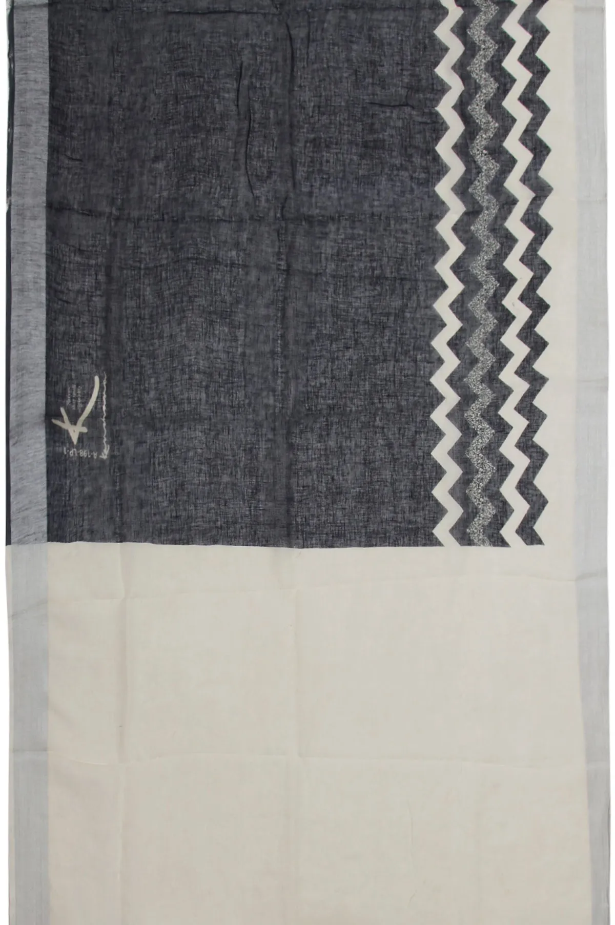 Black Linen Cotton Saree with Cream Silver Zari Kadi Wave Design
