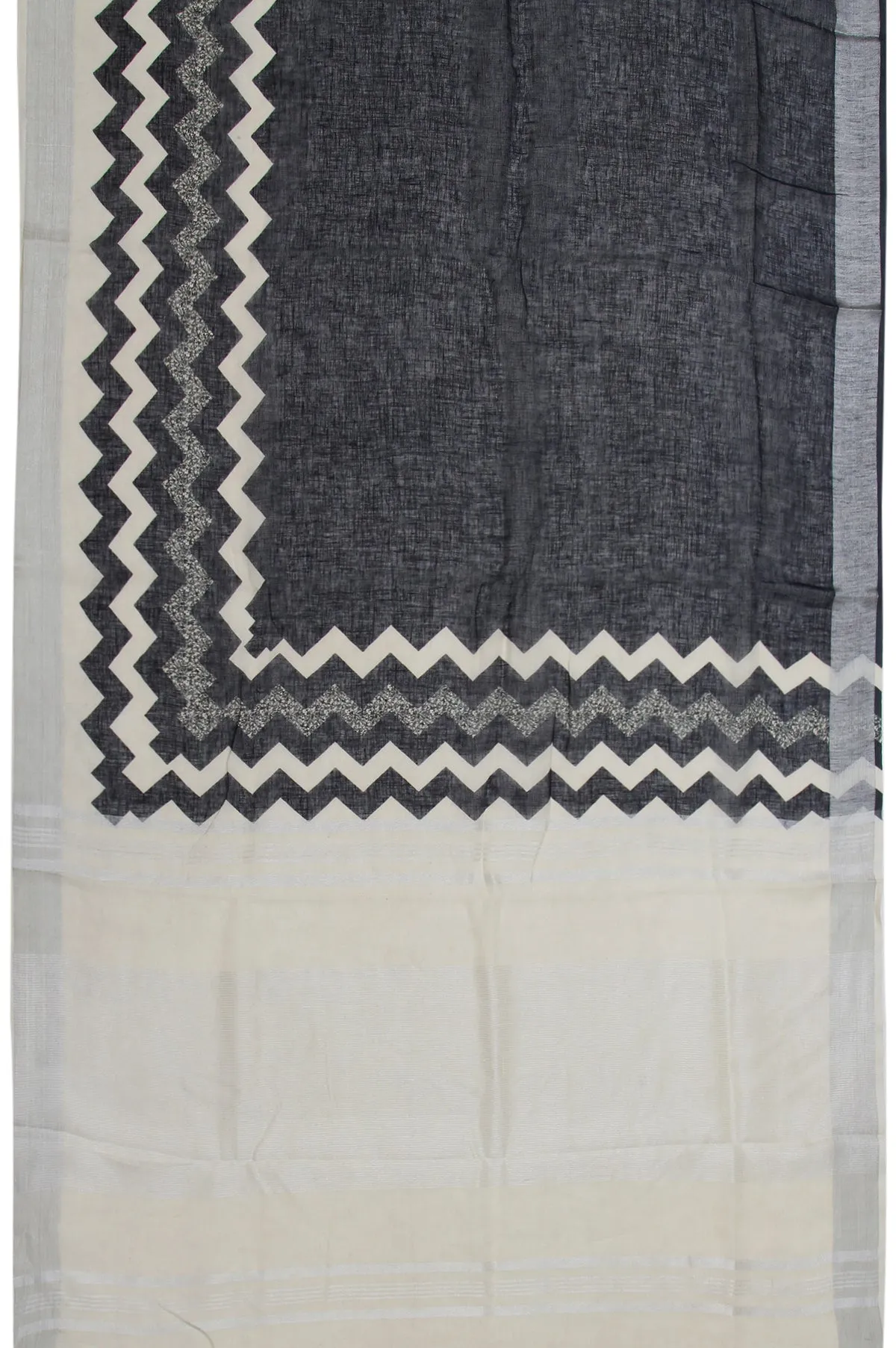 Black Linen Cotton Saree with Cream Silver Zari Kadi Wave Design