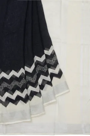 Black Linen Cotton Saree with Cream Silver Zari Kadi Wave Design