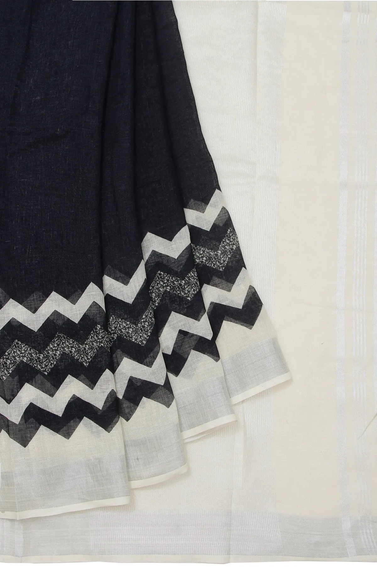 Black Linen Cotton Saree with Cream Silver Zari Kadi Wave Design