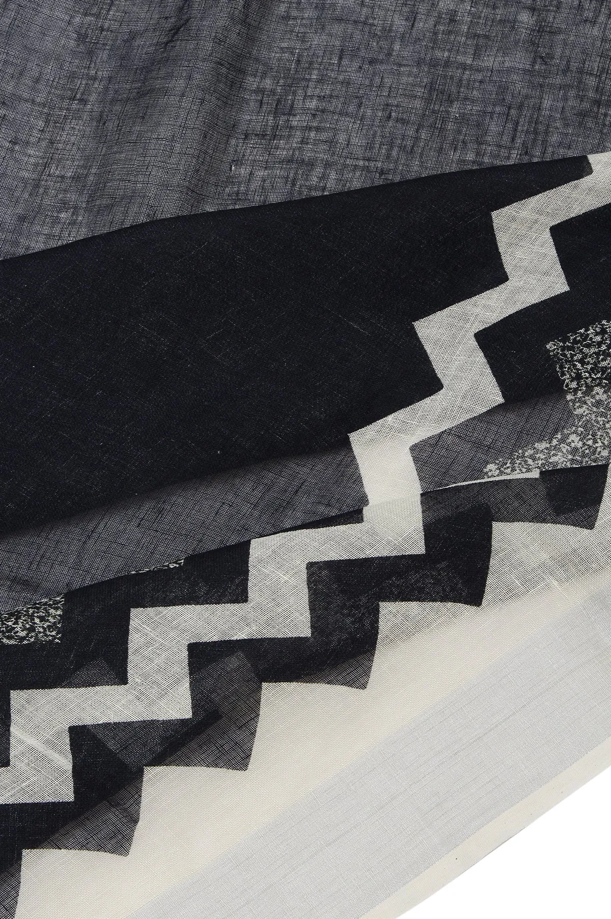 Black Linen Cotton Saree with Cream Silver Zari Kadi Wave Design