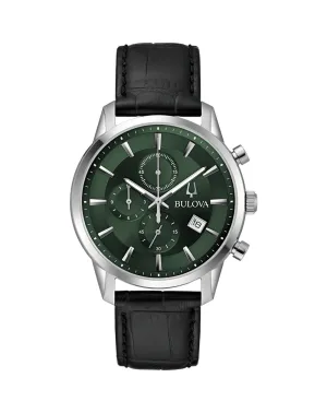 Bulova Elegant Chronograph Timepiece with Black Leather Strap for Men 96B413