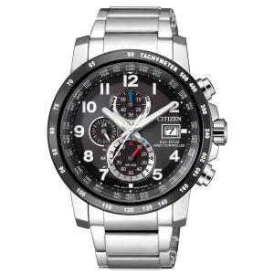 Citizen Men's Chronograph Watch - Eco-Drive Black Dial Steel Bracelet | AT8124-83E