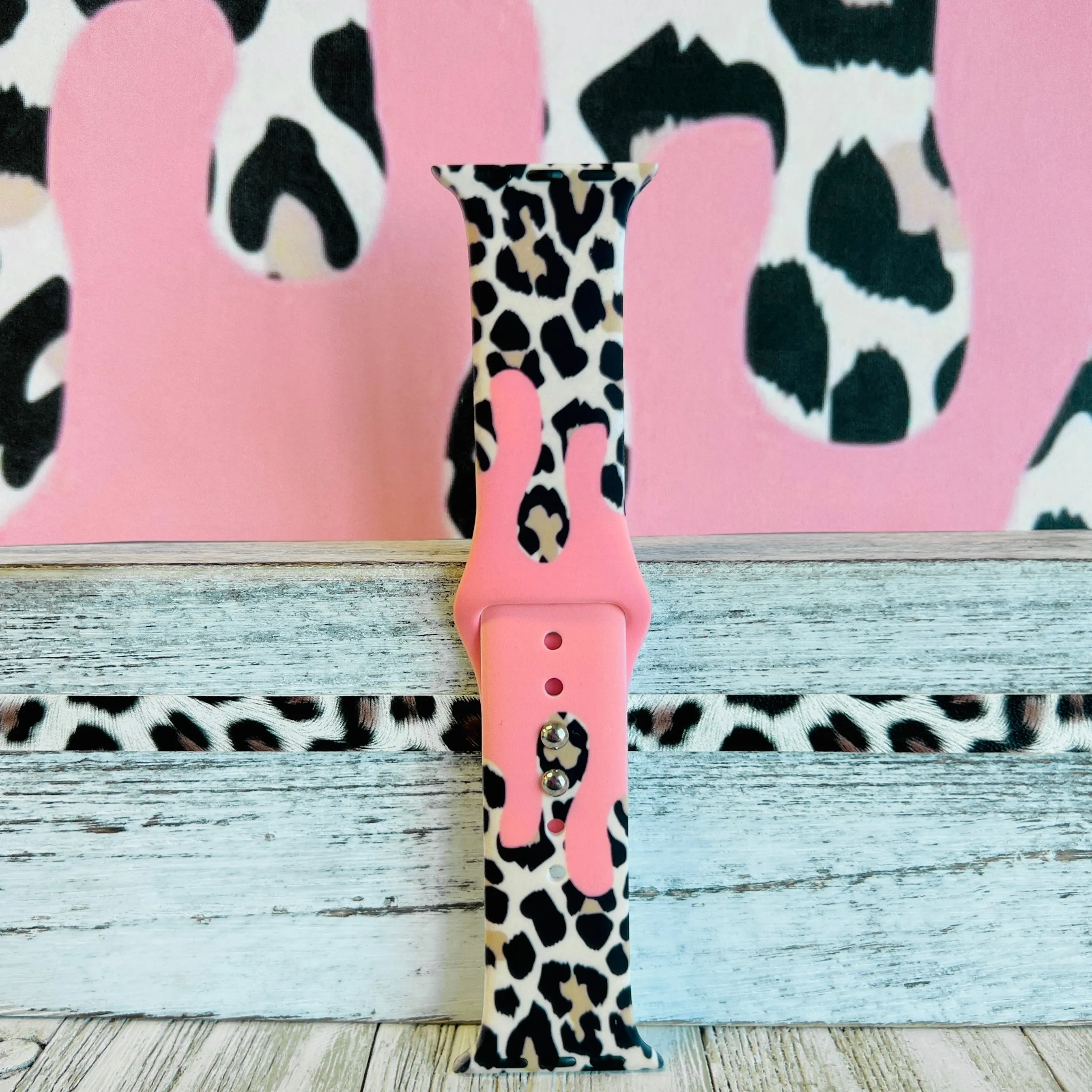 Coral Leopard Drip Print Silicone Band For Apple Watch