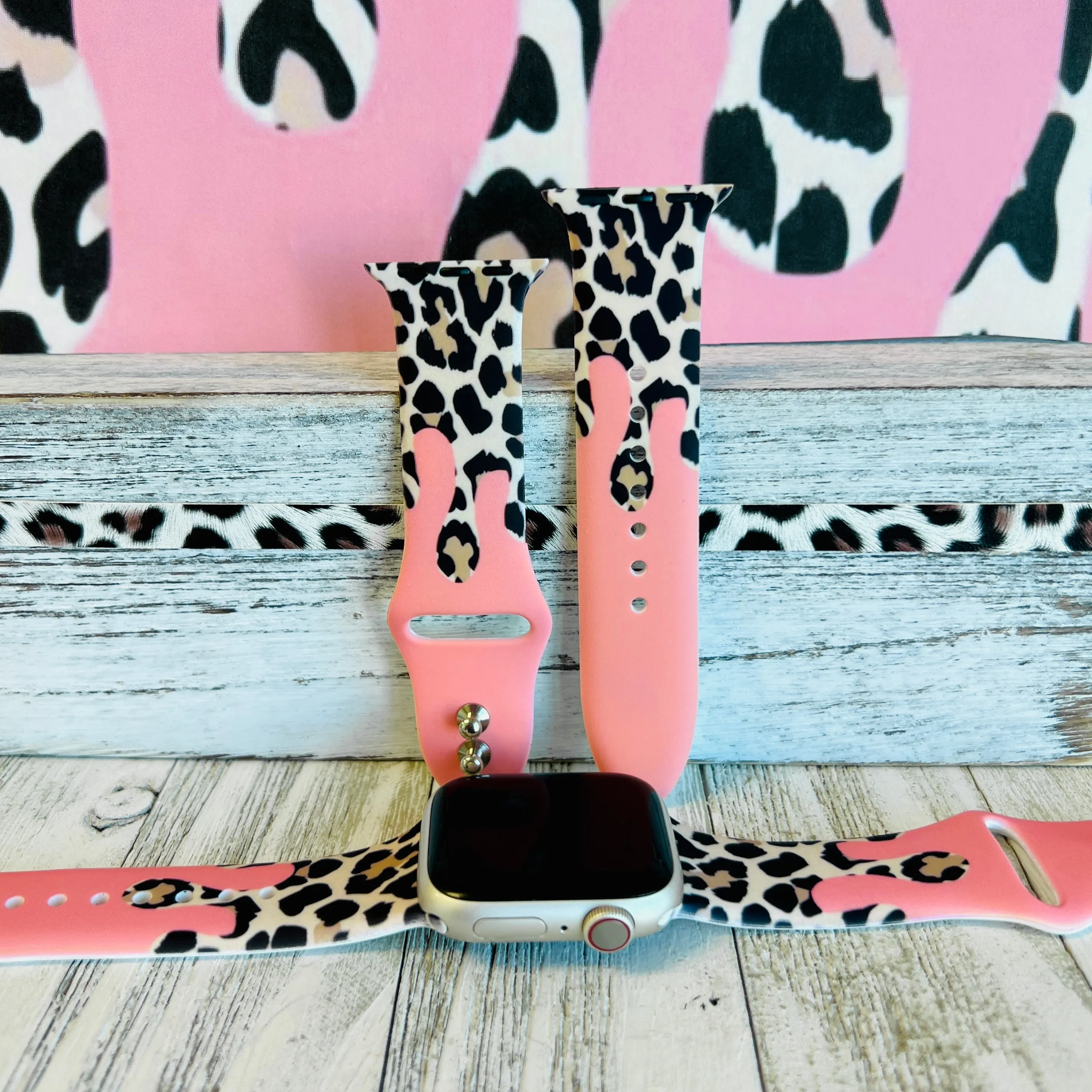 Coral Leopard Drip Print Silicone Band For Apple Watch