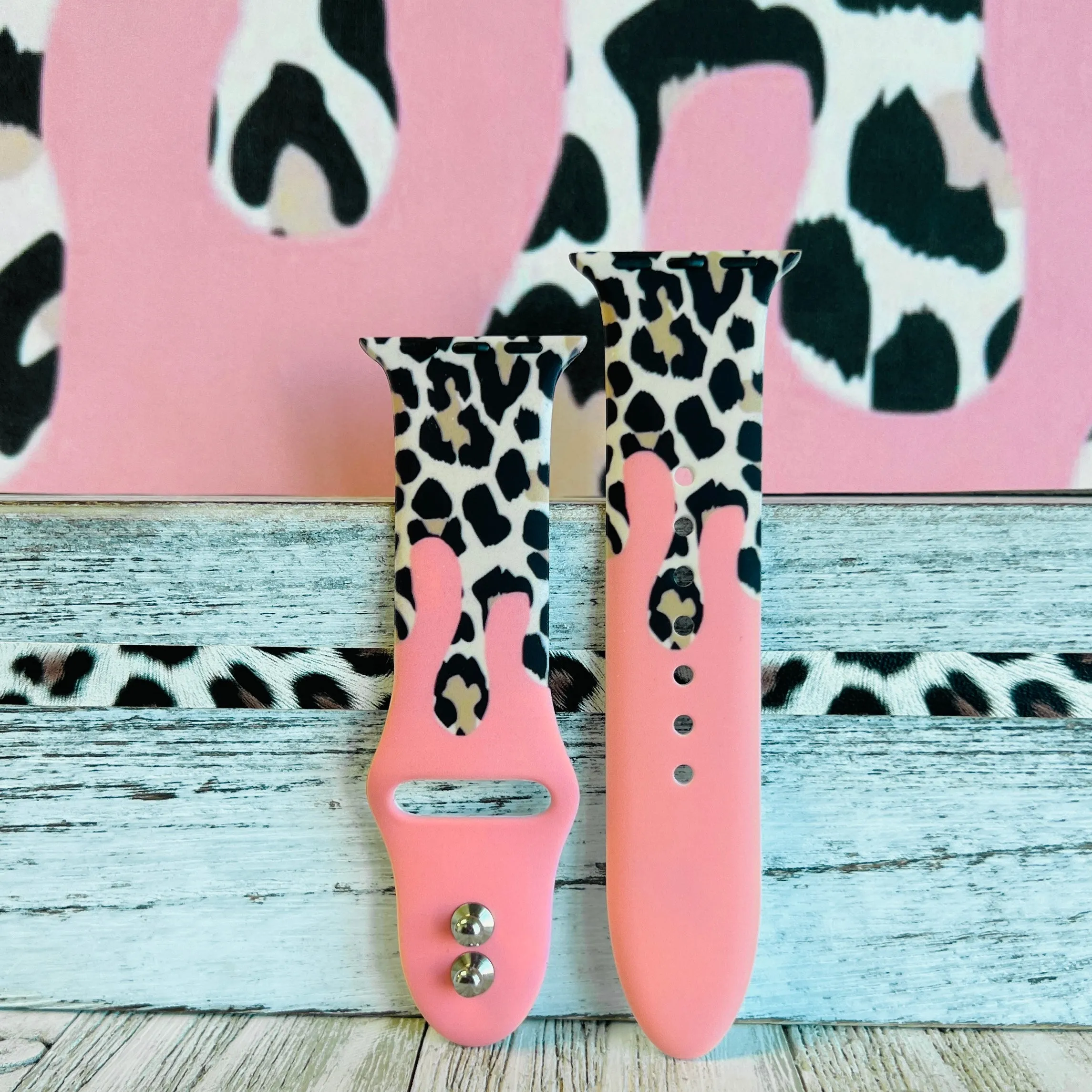 Coral Leopard Drip Print Silicone Band For Apple Watch