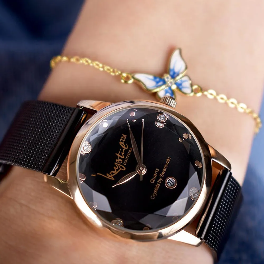 Krystalline Sleek Gold on Black Watch Embellished With SWAROVSKI Crystals