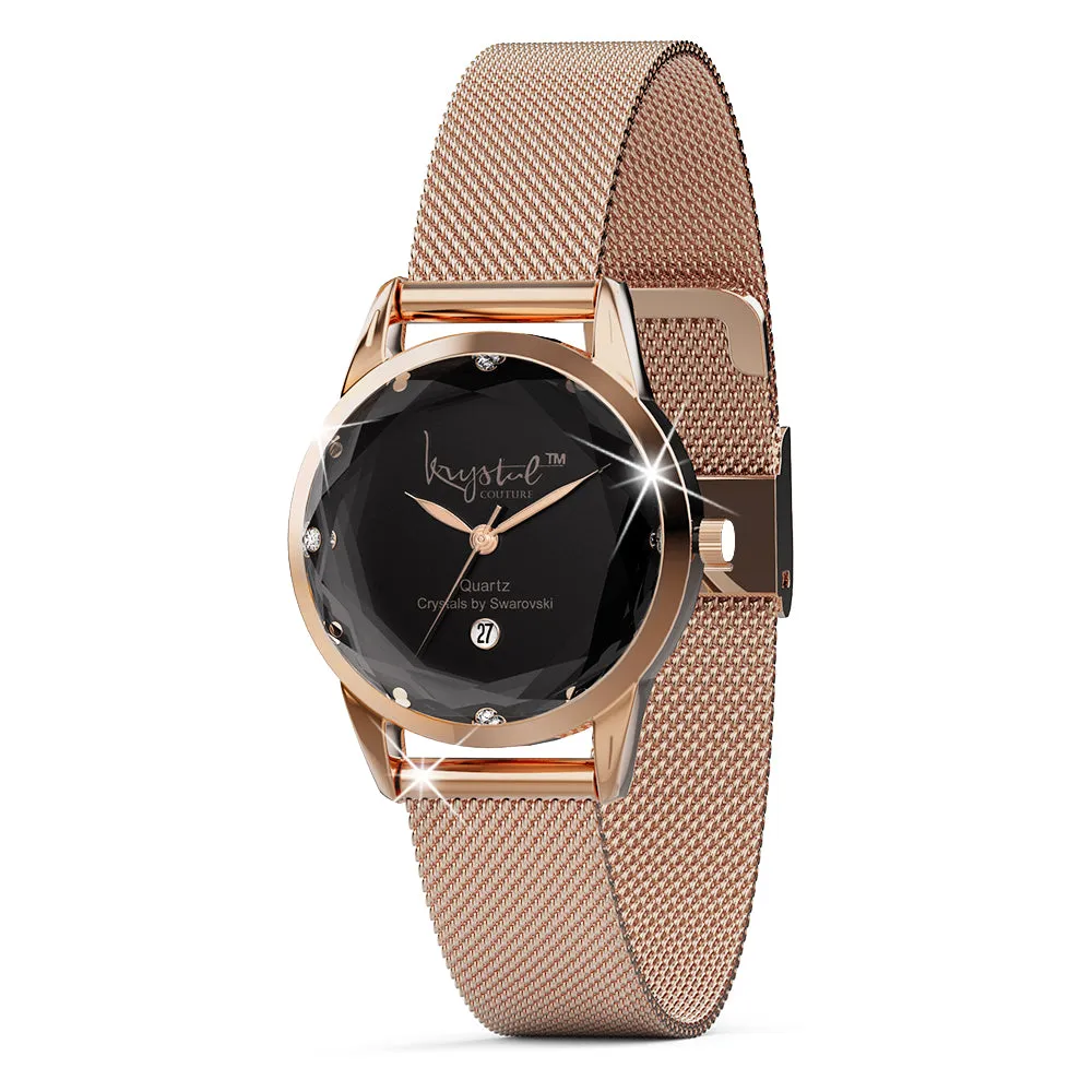 Krystalline Sleek Rose Gold Black Watch Embellished With SWAROVSKI Crystals