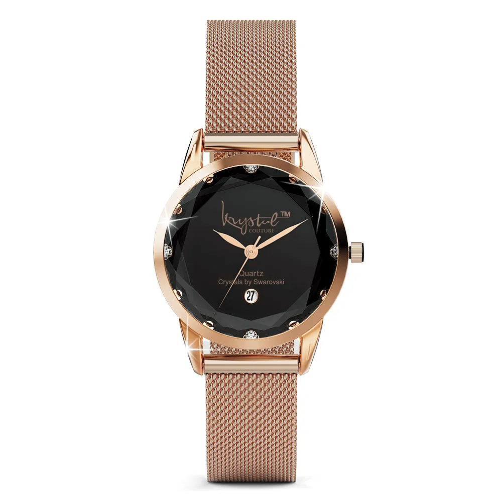 Krystalline Sleek Rose Gold Black Watch Embellished With SWAROVSKI Crystals