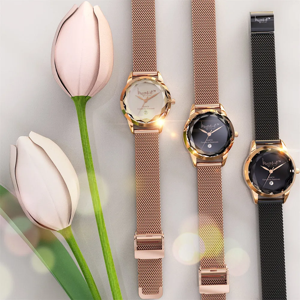 Krystalline Sleek Rose Gold Black Watch Embellished With SWAROVSKI Crystals