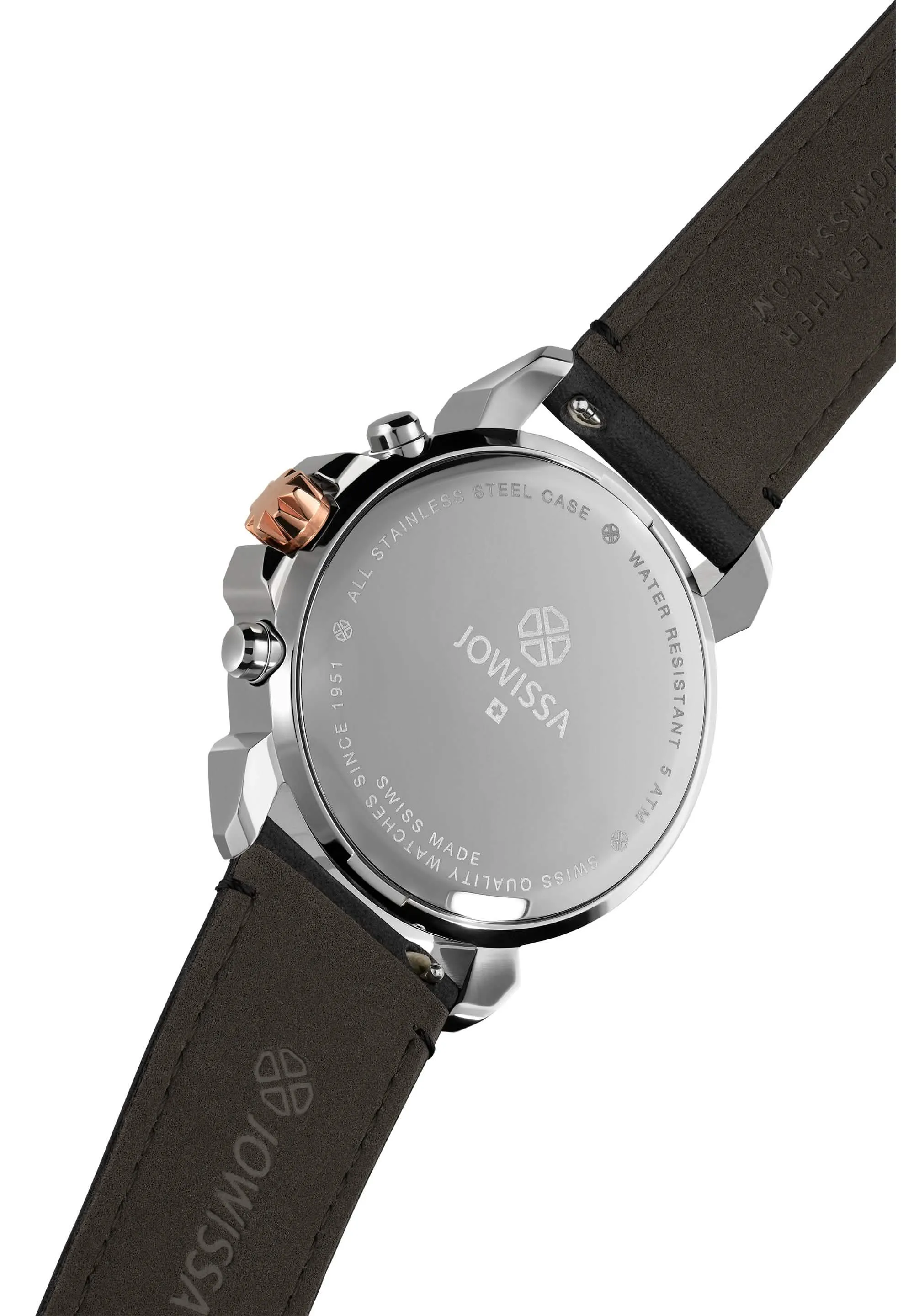 LeWy Swiss Chronograph Men's Watch J7.128.L - Elegant Black Leather with Rose Gold Details