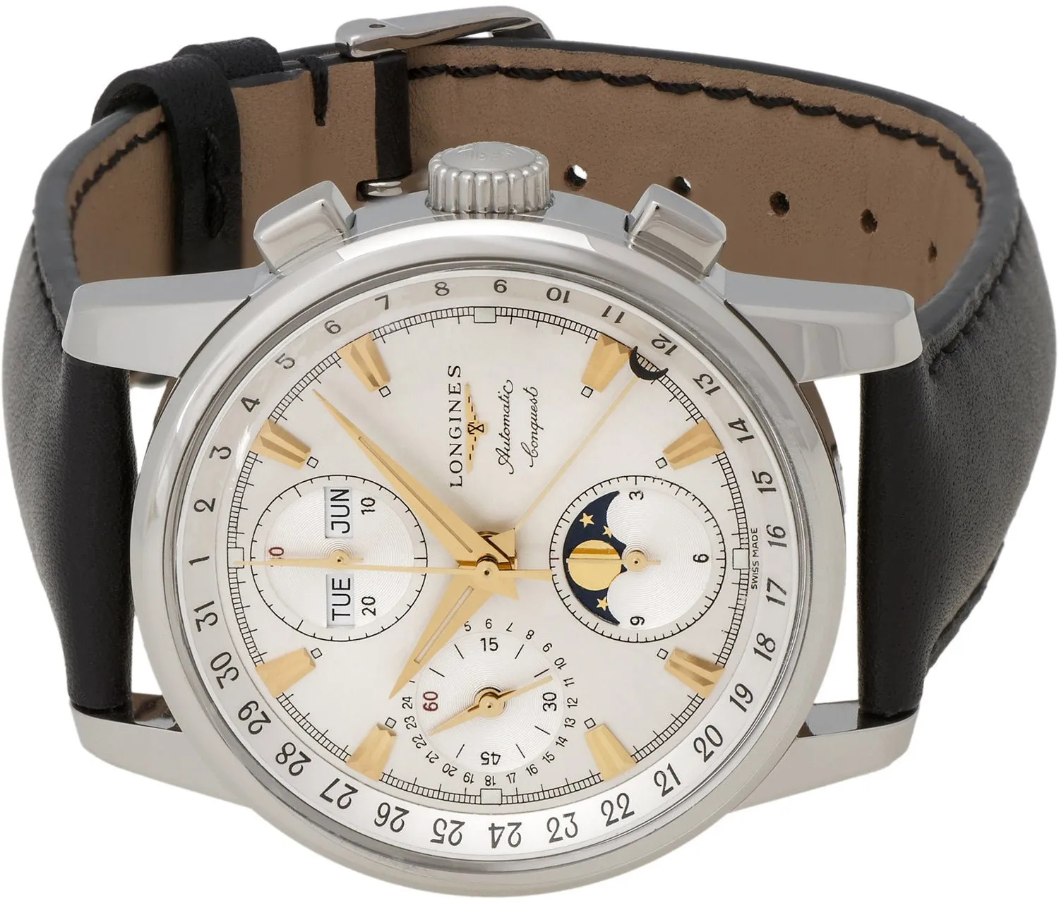Longines Conquest Heritage Automatic Chronograph Moonphase Silver Dial Day-Date-Month Mens Watch L1.642.4.77.2