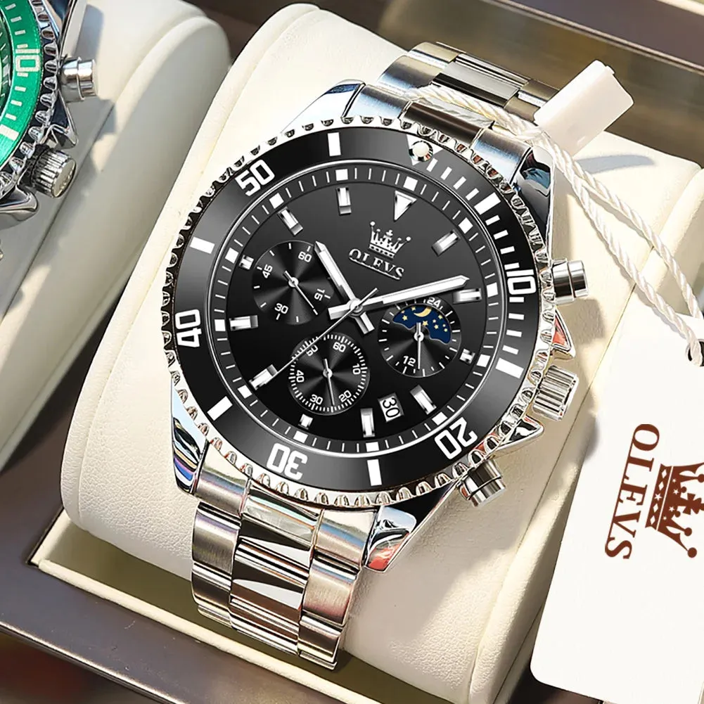 Luxury Men's Stainless Steel Chronograph Watch - Waterproof, Moon Phase, Date Display, Rotating Dial, Top Brand Original
