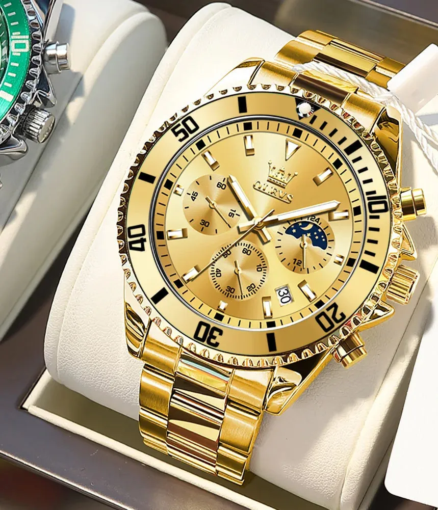 Luxury Men's Stainless Steel Chronograph Watch - Waterproof, Moon Phase, Date Display, Rotating Dial, Top Brand Original