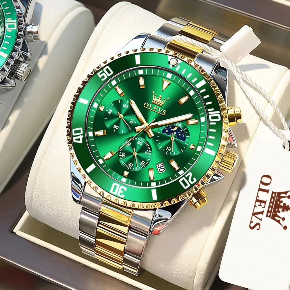 Luxury Men's Stainless Steel Chronograph Watch - Waterproof, Moon Phase, Date Display, Rotating Dial, Top Brand Original