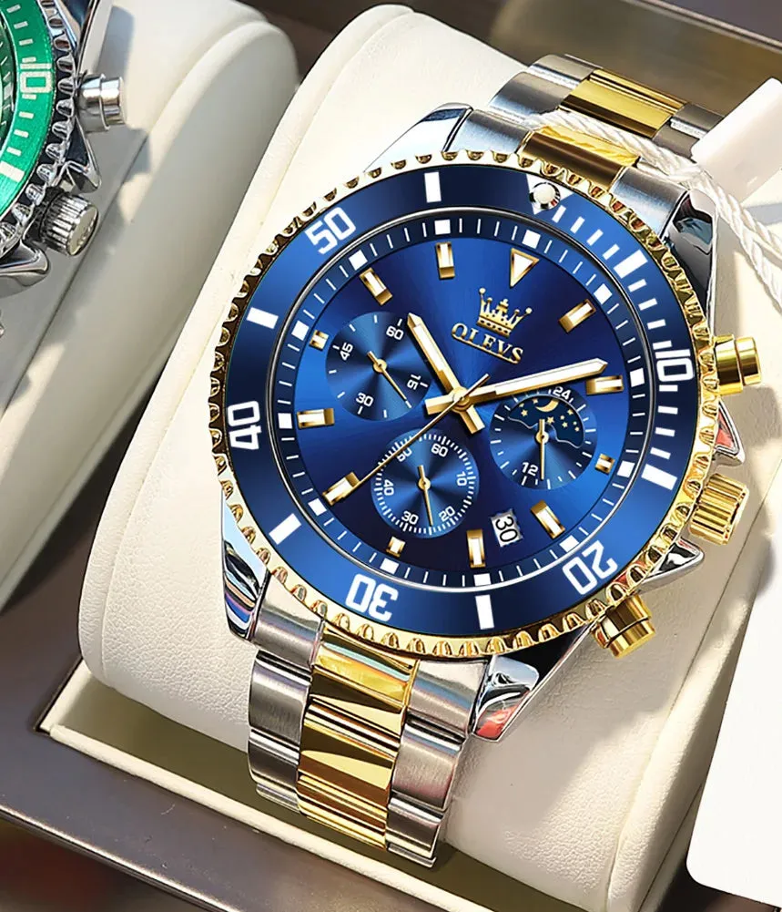Luxury Men's Stainless Steel Chronograph Watch - Waterproof, Moon Phase, Date Display, Rotating Dial, Top Brand Original