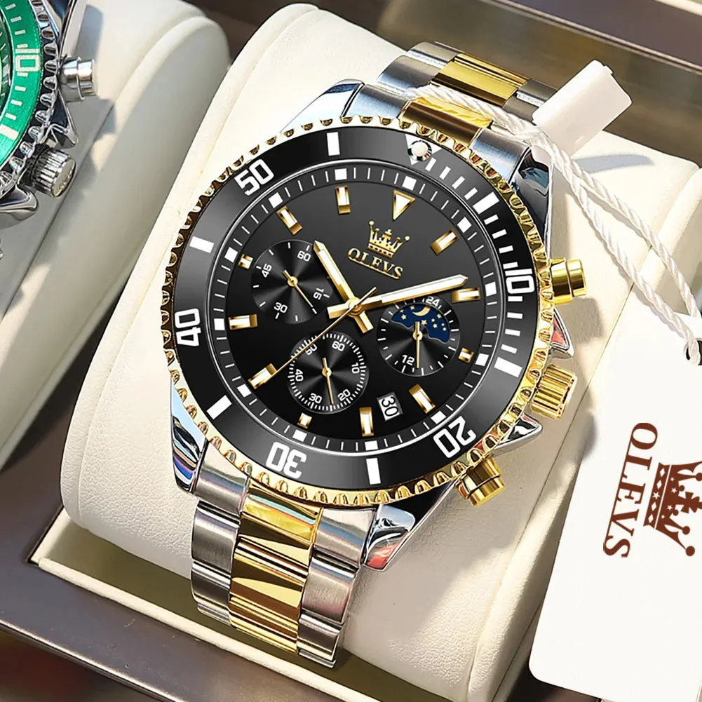 Luxury Men's Stainless Steel Chronograph Watch - Waterproof, Moon Phase, Date Display, Rotating Dial, Top Brand Original
