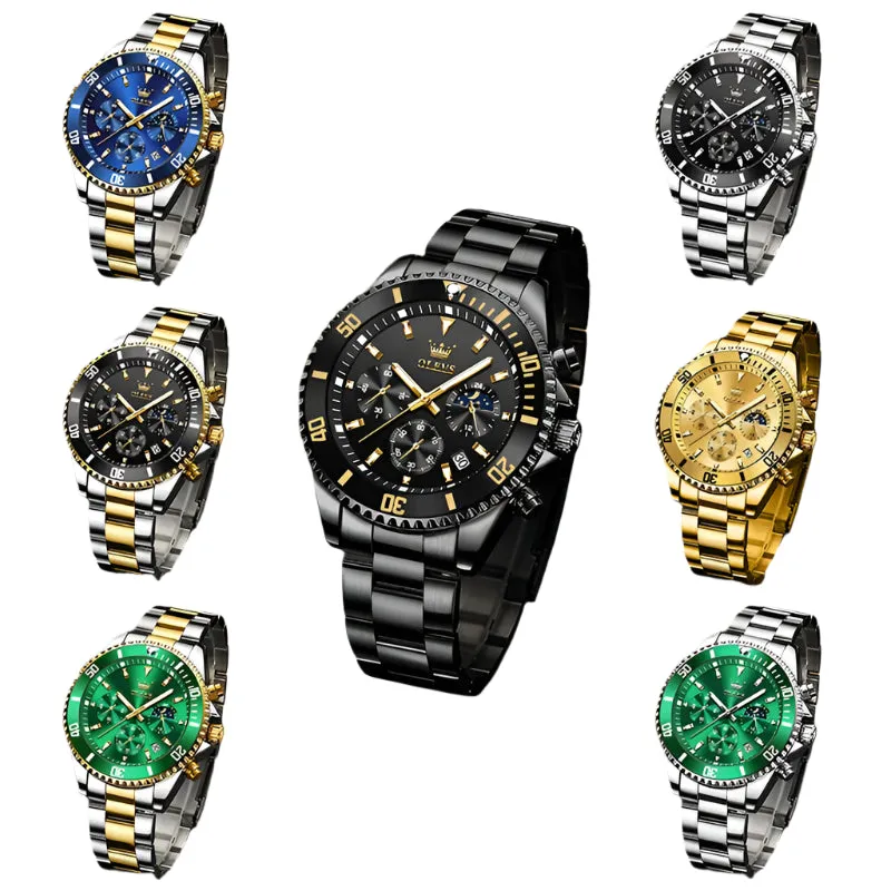 Luxury Men's Stainless Steel Chronograph Watch - Waterproof, Moon Phase, Date Display, Rotating Dial, Top Brand Original