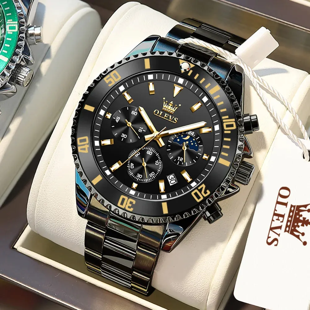 Luxury Men's Stainless Steel Chronograph Watch - Waterproof, Moon Phase, Date Display, Rotating Dial, Top Brand Original