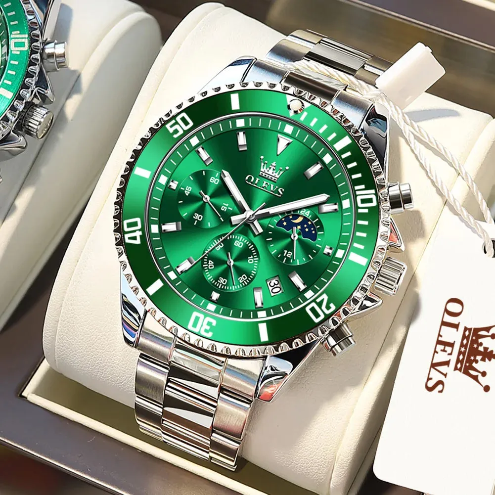 Luxury Men's Stainless Steel Chronograph Watch - Waterproof, Moon Phase, Date Display, Rotating Dial, Top Brand Original