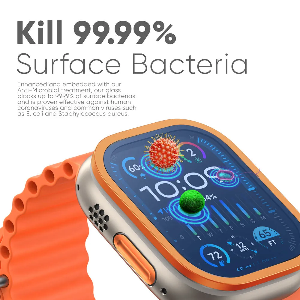 NanoArmour for Apple Watch Ultra 2 / Ultra 1 with ClearVue Anti-Reflective Tempered Glass Screen Protector: Aluminum Frame, Antimicrobial
