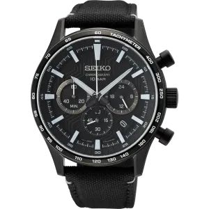 Seiko Chronograph Black Stainless Steel Nylon Band Men's Watch SSB417P