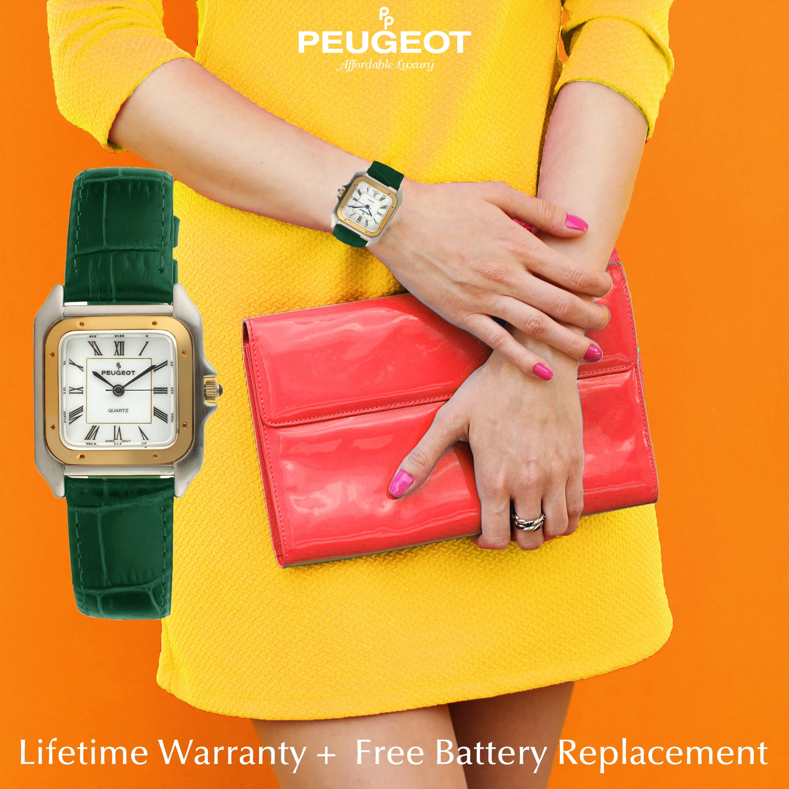 Women's Watch 36mm Square Tank Shape Green Leather Strap Watch